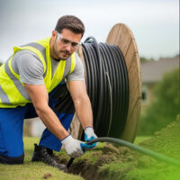 Man laying underground fiber cables.