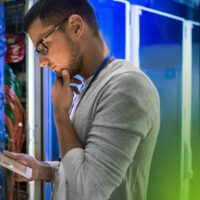 A worker in a tech lab pondering a decision